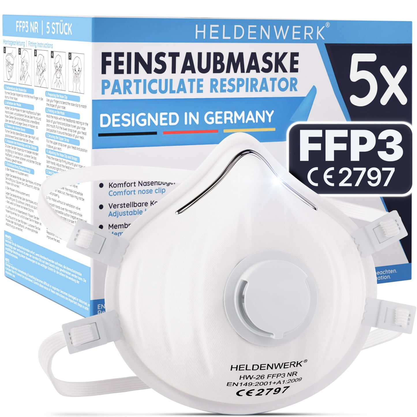 FFP3 maska ar ventili HELDENWERK® – 5, 10 vai 20 gab. komplekts – sertificēta elpceļu un putekļu aizsargmaska