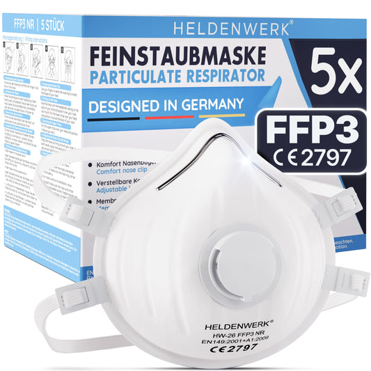 FFP3 maska ar ventili HELDENWERK® – 5, 10 vai 20 gab. komplekts – sertificēta elpceļu un putekļu aizsargmaska