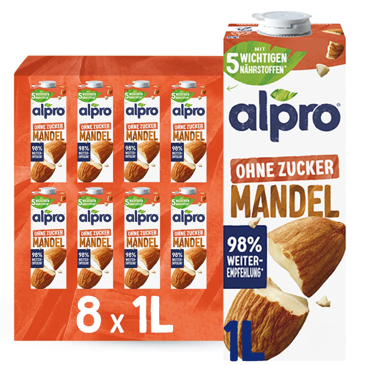 Alpro mandeļu dzēriens bez cukura, kalcija un vitamīnu avots, 8 x 1 L