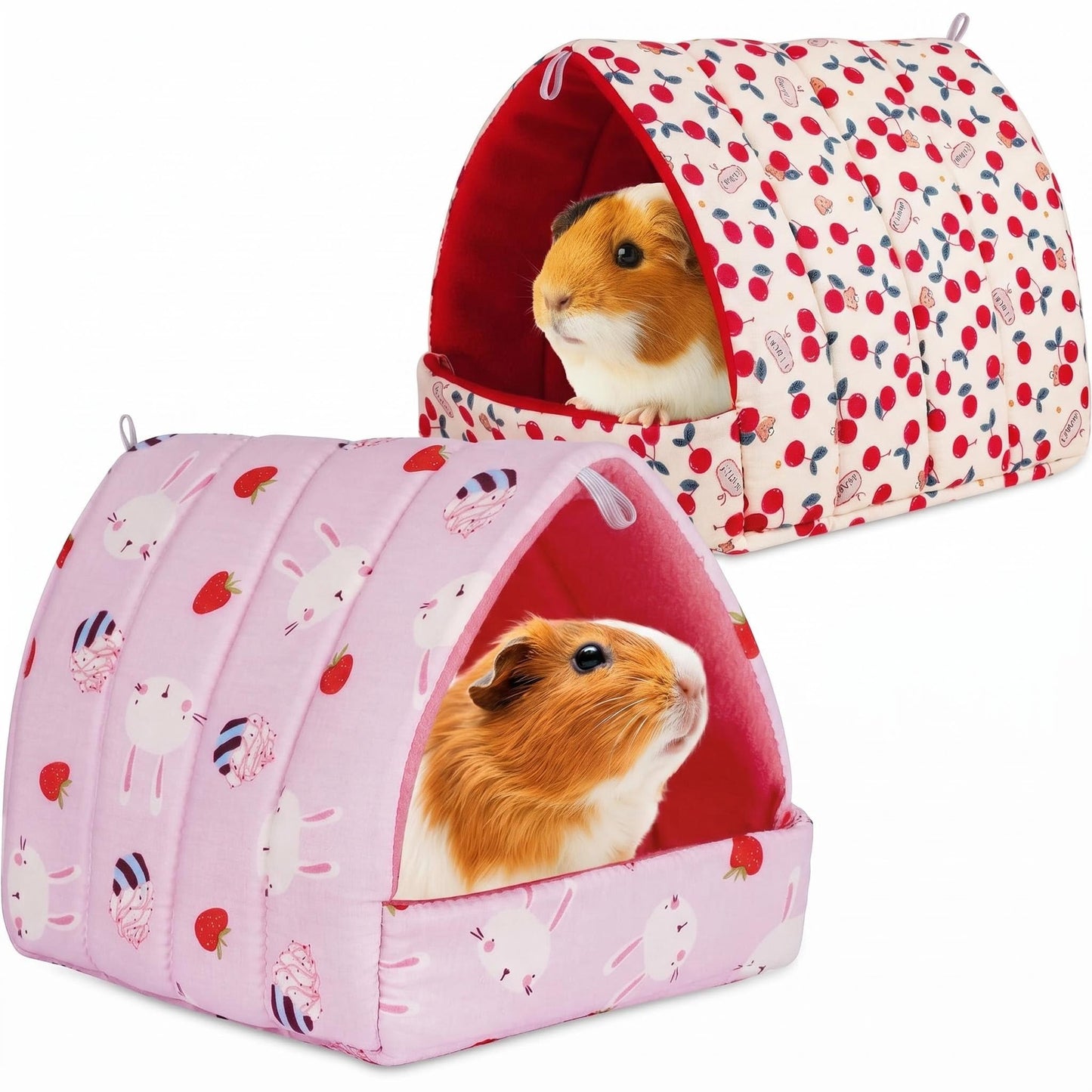 Meerschweinchen guļvieta Psxixjsm 2 gab. mazajiem mājdzīvniekiem, mazgājama mājiņa ar jumtu, rozā trusītis ar ķiršu motīvu