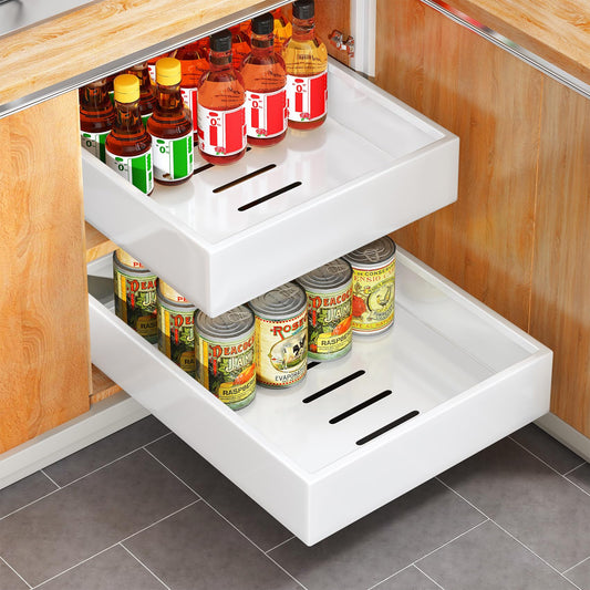 Izvelkams atvilktnes organizators SAYZH, teleskopiska atvilktne virtuves skapīšiem, 43cm dziļums x 25cm platums x 9cm augstums, balta, bez urbšanas