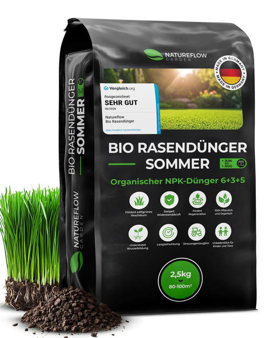 Organiskais zāliena mēslojums Bio Rasendünger Sommer TESTSIEGER Made in Germany 2,5kg 100qm veselīgai augsnei un koši zaļam zālienam Natureflow Garden