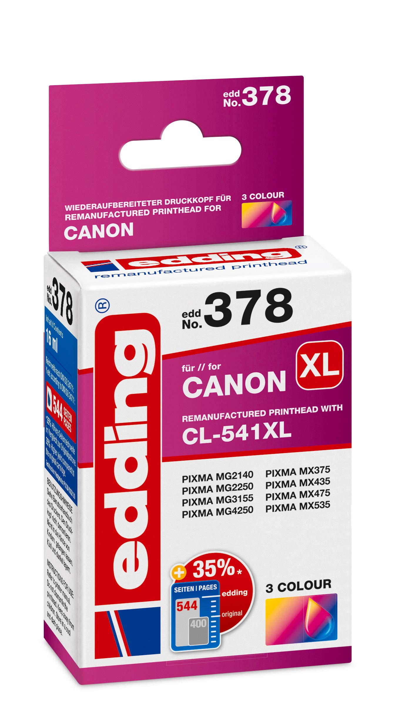edding printera kasetne EDD-378 - atsevišķa kasetne, 3 krāsas, 16 ml, 540 lapas, aizstāj Canon CL-541XL