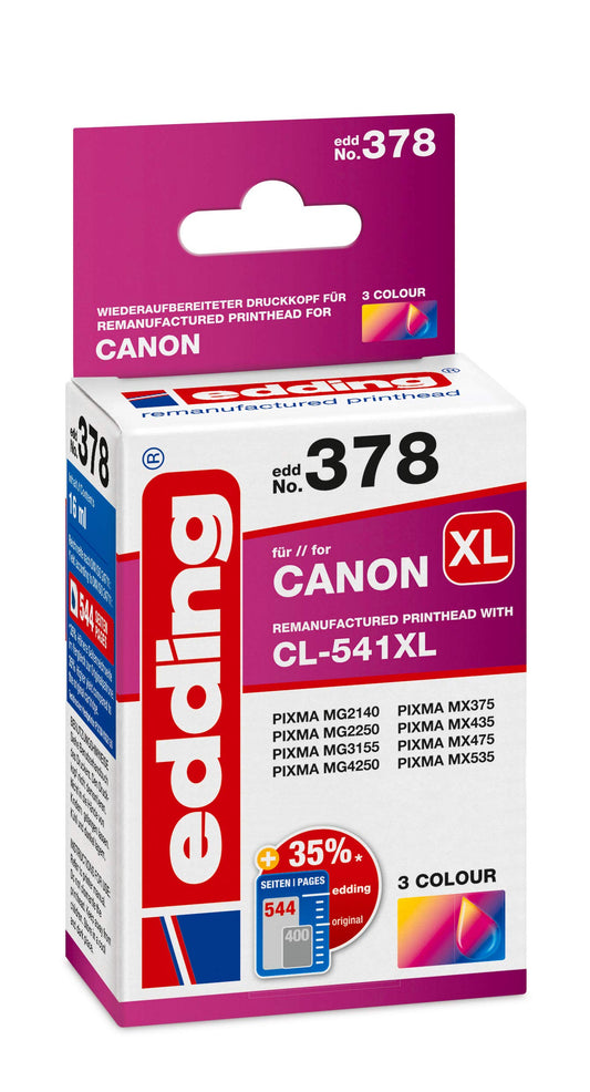 edding printera kasetne EDD-378 - atsevišķa kasetne, 3 krāsas, 16 ml, 540 lapas, aizstāj Canon CL-541XL