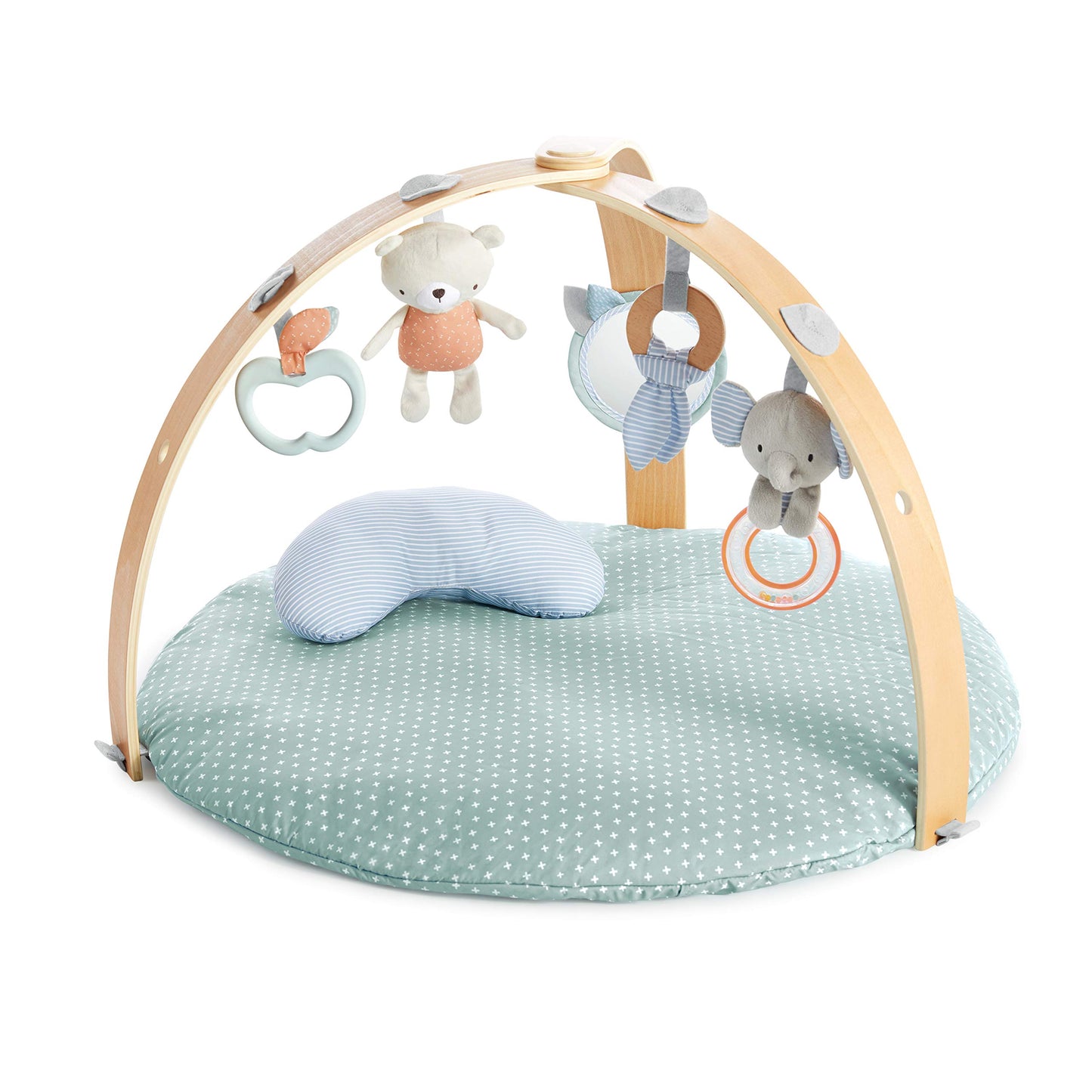 Bērnu spēļu paklājiņš Ingenuity Cozy Spot Loamy ar koka arku, noņemamām rotaļlietām, divpusējām segām, atbalsta spilvenu, īpaši mīksts, mazgājams veļasmašīnā, neitrāls dizains, no dzimšanas