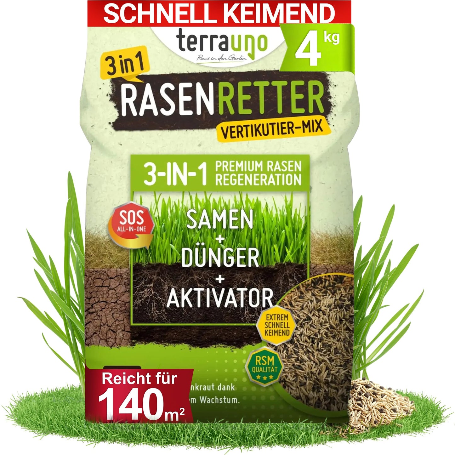 Zāliena mēslojums Terrauno „Rasenretter“ vertikutācijas maisījums I 4 kg 140 m² I zāliena mēslojums, zāles sēklas un augsnes aktivators I 3in1 zāliena atjaunošanas maisījums I pavasara zāliena mēslojums ar zāles sēklām pret tukšiem laukumiem I piesēšanai