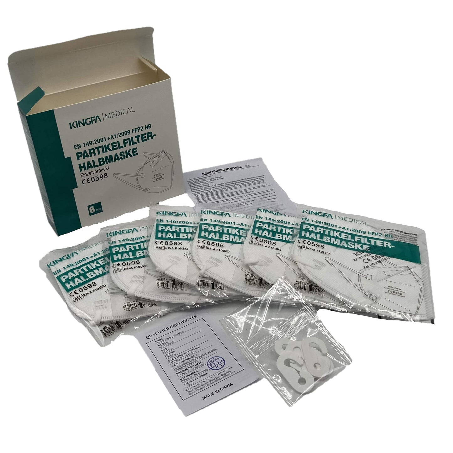 FFP2 respirators Kingfa 6 gab. kastē CE 0598, aptiekas versija, individuāli iepakotas, ar ausu cilpām, KINGFA NR EN149:2001+A1:2009