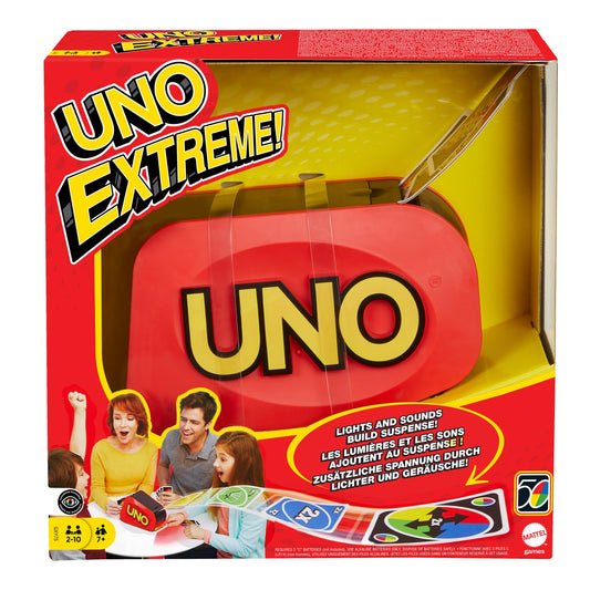 Mattel Games UNO Extreme, UNO kāršu spēle ģimenei, ar kāršu metēju, ceļojumu spēle vai spēle pieaugušajiem, 2-10 spēlētājiem, no 7 gadiem, GXY75