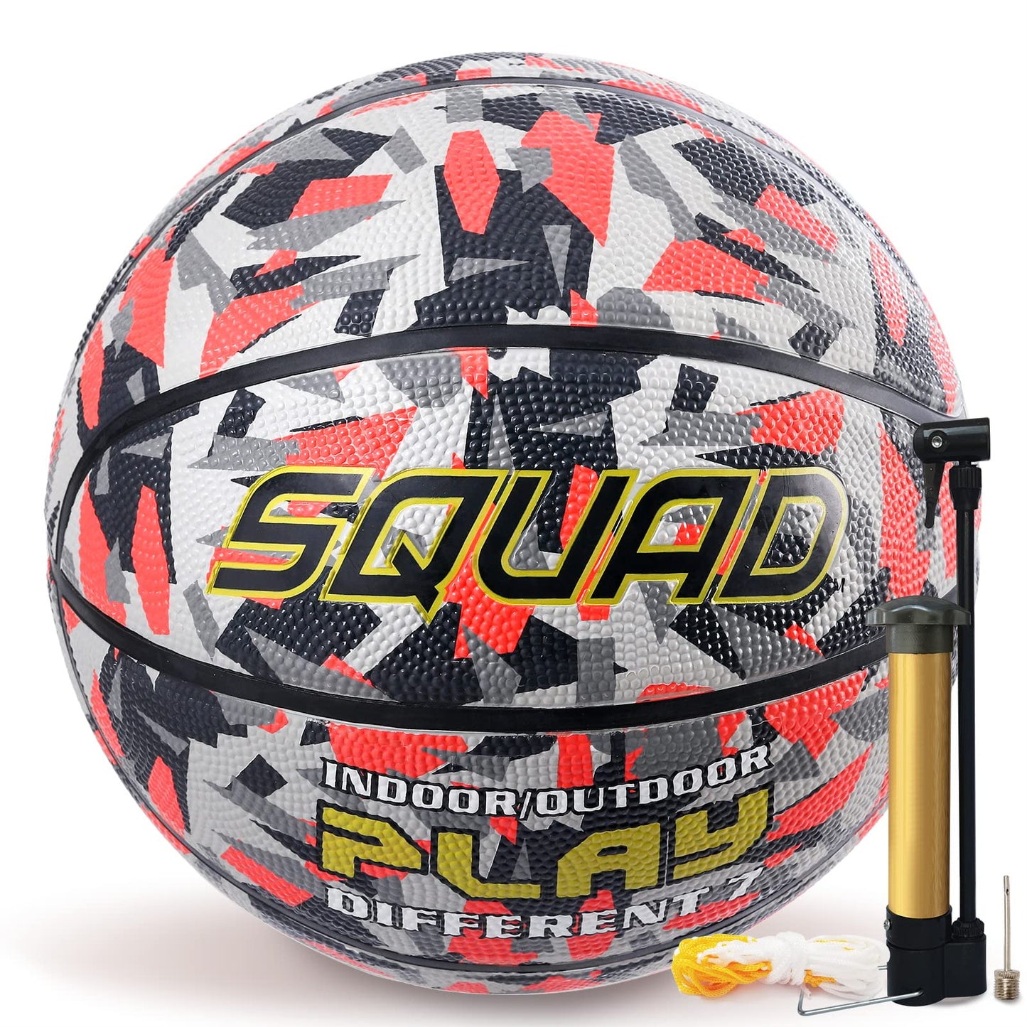 Basketbola bumba SQUAD 7. izmērs, gumijas, lietošanai iekštelpās un ārā, kamuflāžas dizains, ielu treniņiem pieaugušajiem, ar pumpi un adatu