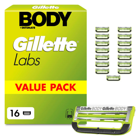 Gillette Labs Body & Intimate skūšanās asmeņi, 16 oriģinālas rezerves asmeņu kasetes, zaļi