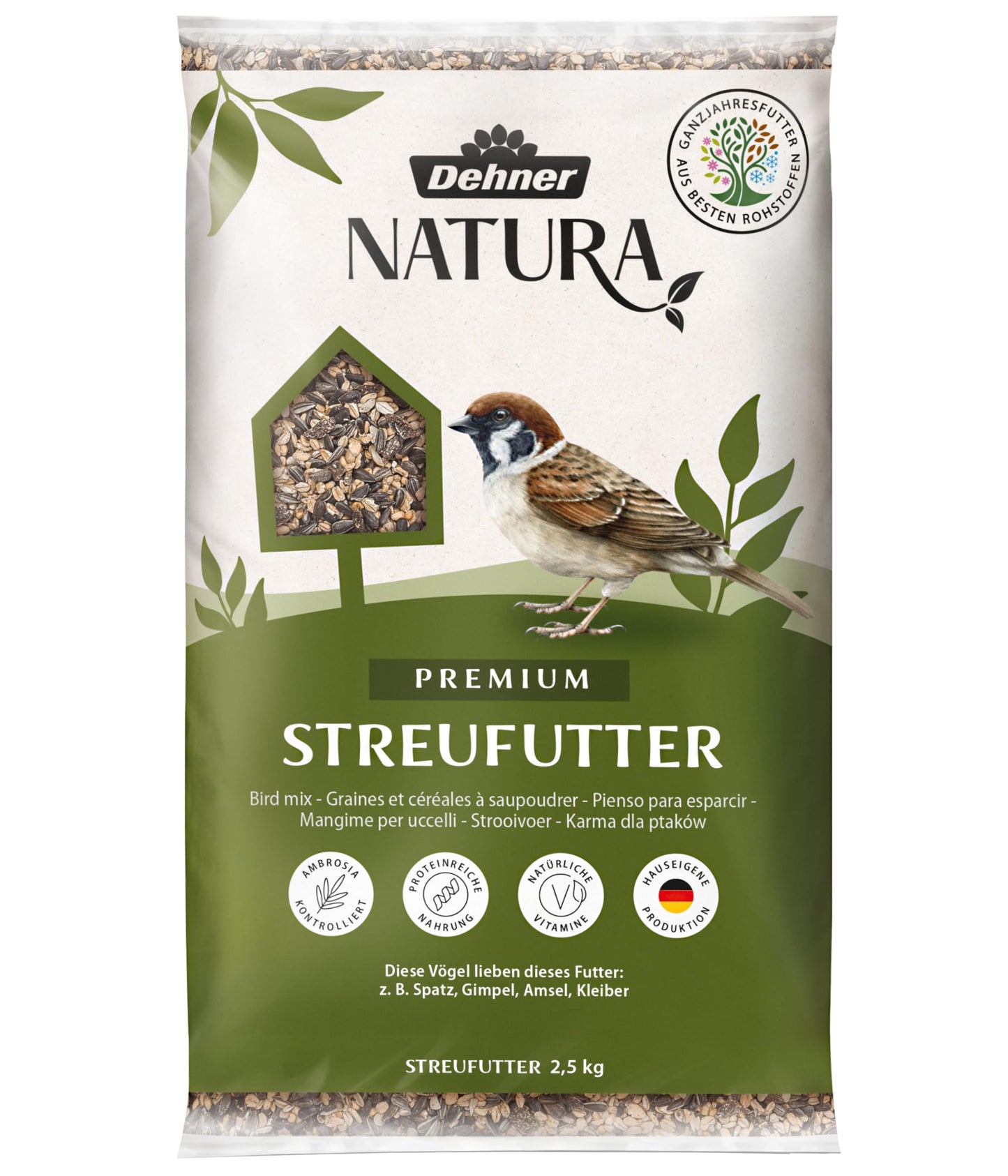 Savvaļas putnu barība Dehner Natura Premium, birstamā barība, visu gadu, olbaltumvielām bagāta, enerģētiska, augstas kvalitātes putnu barība savvaļas putniem, 2.5 kg