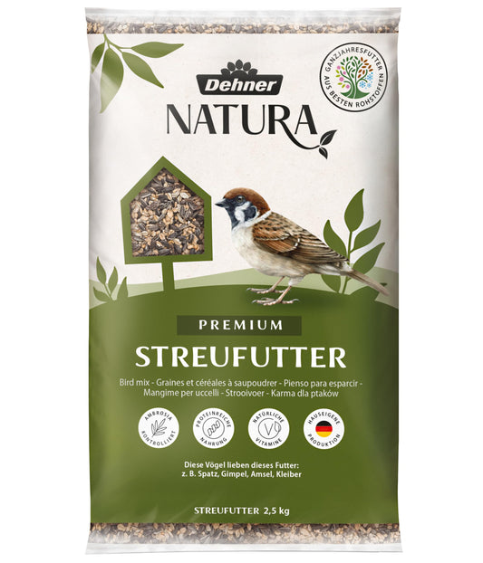 Savvaļas putnu barība Dehner Natura Premium, birstamā barība, visu gadu, olbaltumvielām bagāta, enerģētiska, augstas kvalitātes putnu barība savvaļas putniem, 2.5 kg