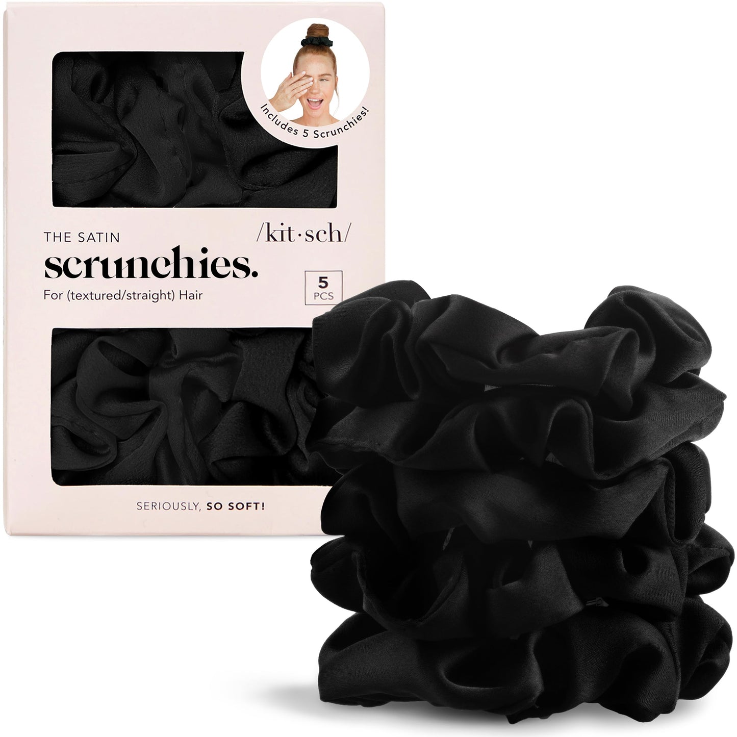 Satin scrunchies matu gumijas sievietēm Kitsch – bez rievojuma, pret frizz efektu | Mīkstākas par zīdu, saudzīgas matu gumijas visiem matu tipiem | Stilīgi matu aksesuāri – melnas, 5 gab.