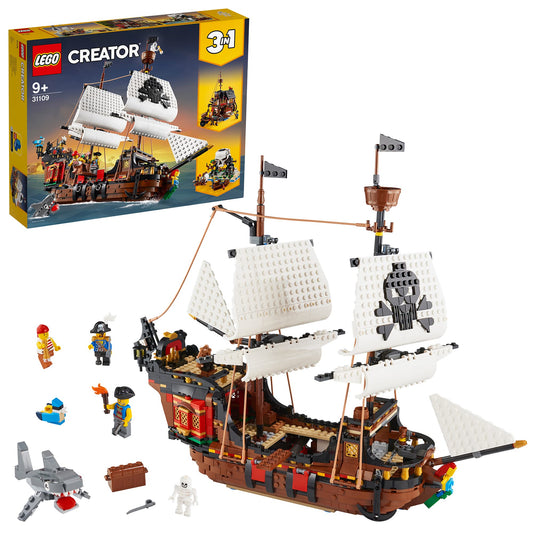 LEGO Creator 3-in-1 Pirātu kuģa komplekts - 3 būvēšanas iespējas, 3 minifigūras, pirātu krodziņš un sala ar galvaskausu.