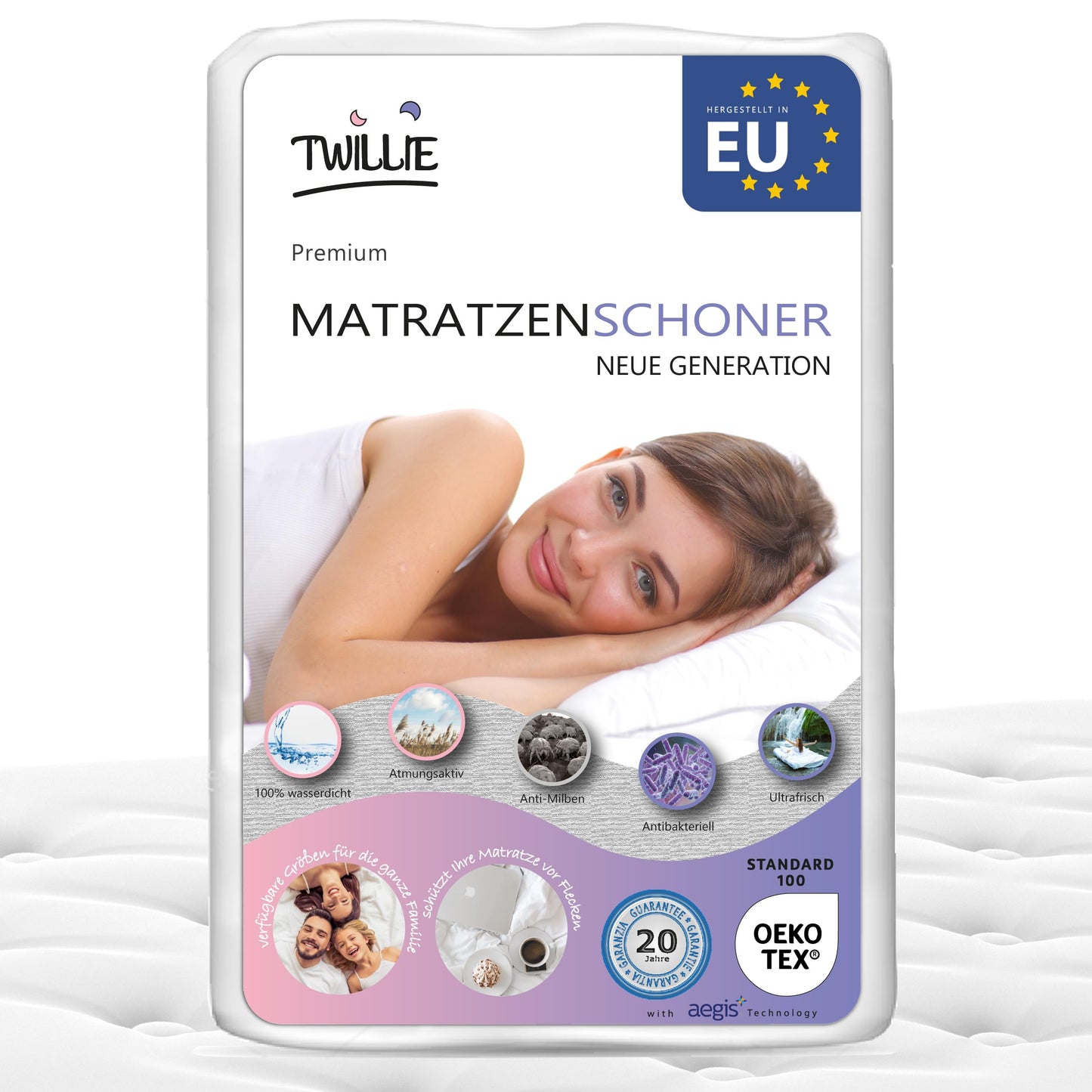Matracis aizsargs Twillie 120 x 200 cm, ūdensnecaurlaidīgs, Oeko-TEX® sertificēts, Aegis® apstrāde, elpojošs matrača pārvalks, pretērču aizsardzība, 20 gadu garantija