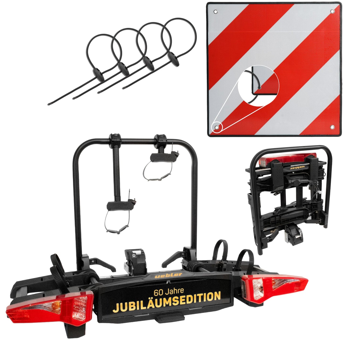 Uebler veloturētājs i21 Z 60° jubilejas izdevums 2 velosipēdiem, auto sakabes turētājs, nolokāms, e-bike MTB, ar atstarojošu brīdinājuma plāksni 50x50cm + 4 stiprinājuma gumijām