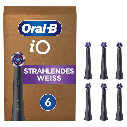 Oral-B iO Spodrā Balts Uzlikas elektriskajai zobu birstei, 6 gab., balinoša zobu tīrīšana, oriģinālais zobu birstes uzgalis Oral-B iO zobu birstēm, pastaigāšanai piemērota iepakojums, melns