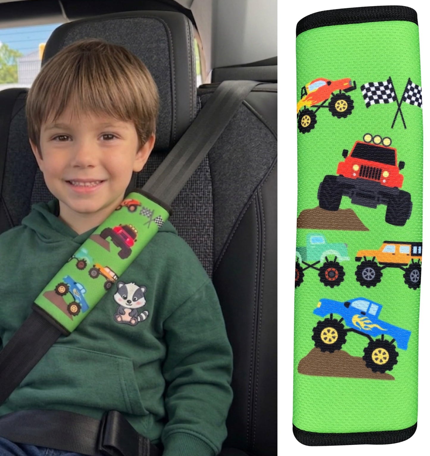 HECKBO bērnu drošības jostas polsteris 1 gab. ar Monster Truck motīvu, auto siksnas polsterējums zēniem un mazuļiem, universāls autokrēsliem, ratiņiem, velosipēda piekabei un lidmašīnai