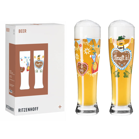 Alus glāzes RITZENHOFF 6021003, 2 gab., 500 ml, kviešu alus glāzes, Brauchzeit sērija, motīvs O’zapft is!, brūna, zila, zaļa un sarkana