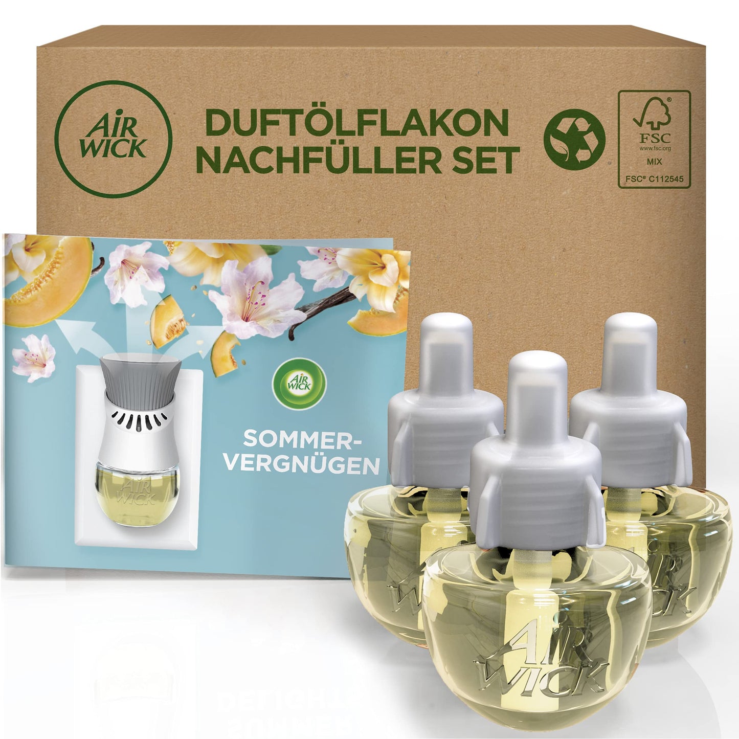 Air Wick smaržīgās eļļas flakons - uzpildes komplekts Sommervergnügen - Life Scents - svaigu ziedu, melones un vaniļas aromāts - 3x19ml