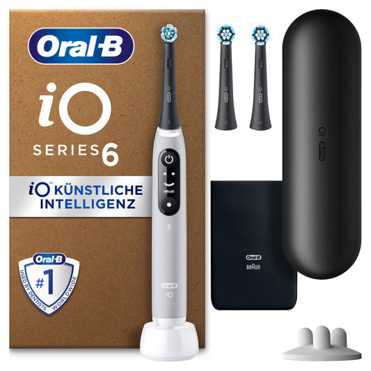 Oral-B iO Series 6 Plus Sensitive Edition Elektriskā zobu birste, PLUS 3 uzgaļi, 5 tīrīšanas režīmi zobu kopšanai, ceļojumu futrālis, izstrādājusi Braun, pelēks opāls