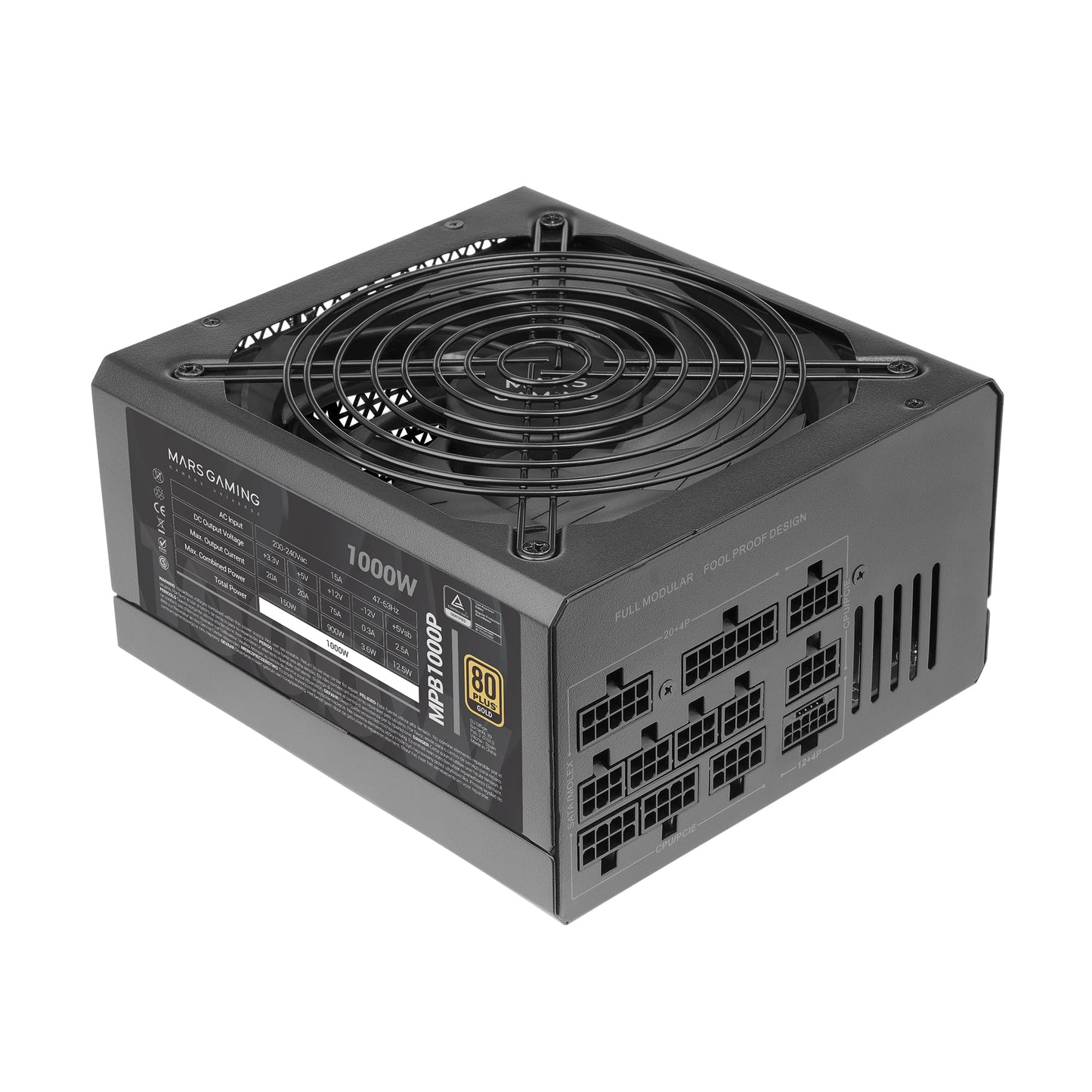 MARSGAMING MPB1000P - 1000W modular ATX 3.1 power supply, 80Plus Gold, 140mm AI-RPM fan, PCIe 5.1 support, 10-year warranty.