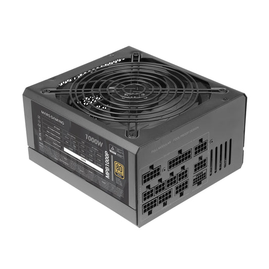 MARSGAMING MPB1000P - 1000W modular ATX 3.1 power supply, 80Plus Gold, 140mm AI-RPM fan, PCIe 5.1 support, 10-year warranty.