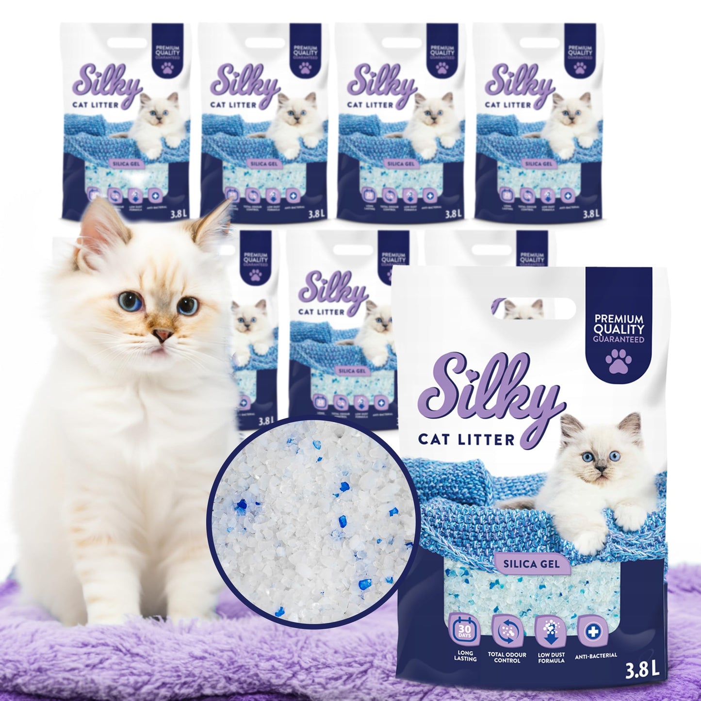 Silikāta kaķu pakaiši Silky, 30,4L komplekts, 8 iepakojumi