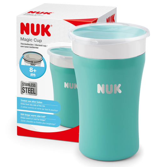 NUK Magic Cup nerūsējošā tērauda mācību krūzīte, ilgāk saglabā siltumu vai aukstumu, 8+ mēn., 230 ml, necaurlaidīgs 360° dzeršanas malas, mazgājama, zila