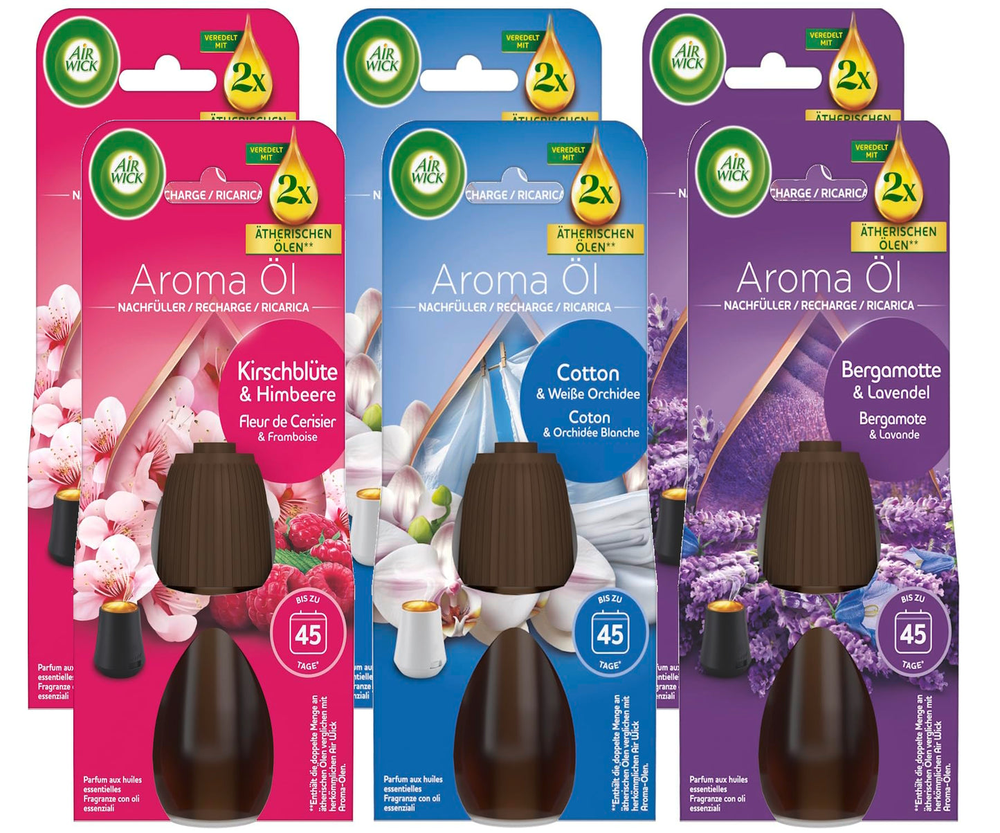 Air Wick aromātiskās eļļas uzpildes komplekts Florālie aromāti DUO 2x20ml Cotton & White Orchid, 2x20ml Bergamot & Lavender, 2x20ml Cherry Blossom & Raspberry