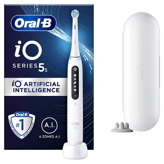 7. Oral-B iO 5S elektriskā zobu birste, 1 ceļojuma soma, dizainēta Braun, elektriskā zobu birste, Oral B balta