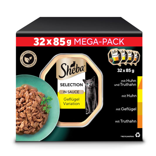 SHEBA Adult mitrā kaķu barība - 32x85 g trauciņi - putnu izlase mērcē - mitrā barība kaķiem - 1 lielais iepakojums