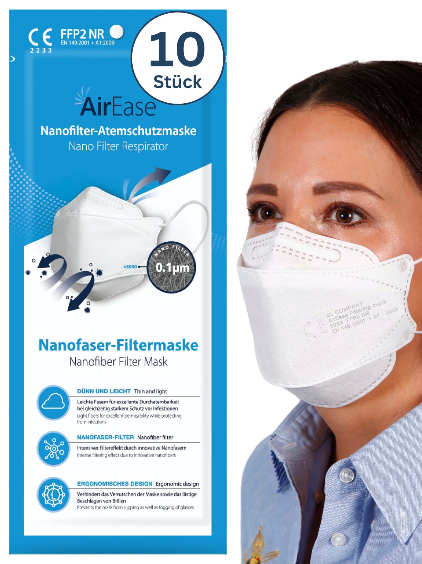 FFP2 maskas Air Ease 10 gab., zivs formas, baltas, CE 2233 sertificētas, individuāli iepakotas, elpojoša sejas maska un respirators, bez vārsta
