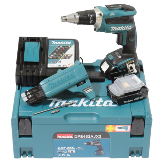 Makita 18V Battery Kit - Includes 2.0 Ah batteries, charger, and DFS452AJX2 screw magazine attachment in MAKPAC case.