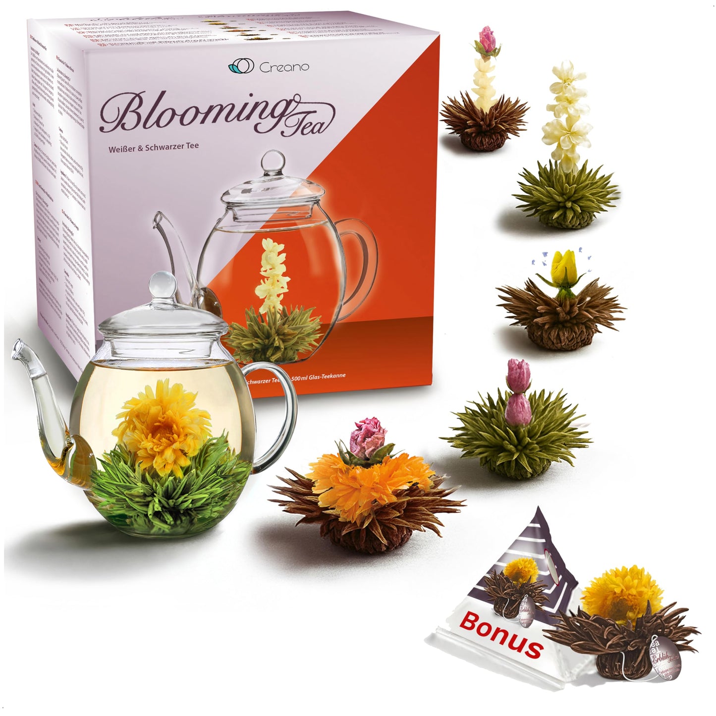 Tējas ziedu dāvanu komplekts Creano | Ziedošā tēja ar 500ml stikla kannu, 6 melnās un baltās tējas bumbiņām + 1x Teelini melnās tējas bonusa bumbiņa | 8 daļas