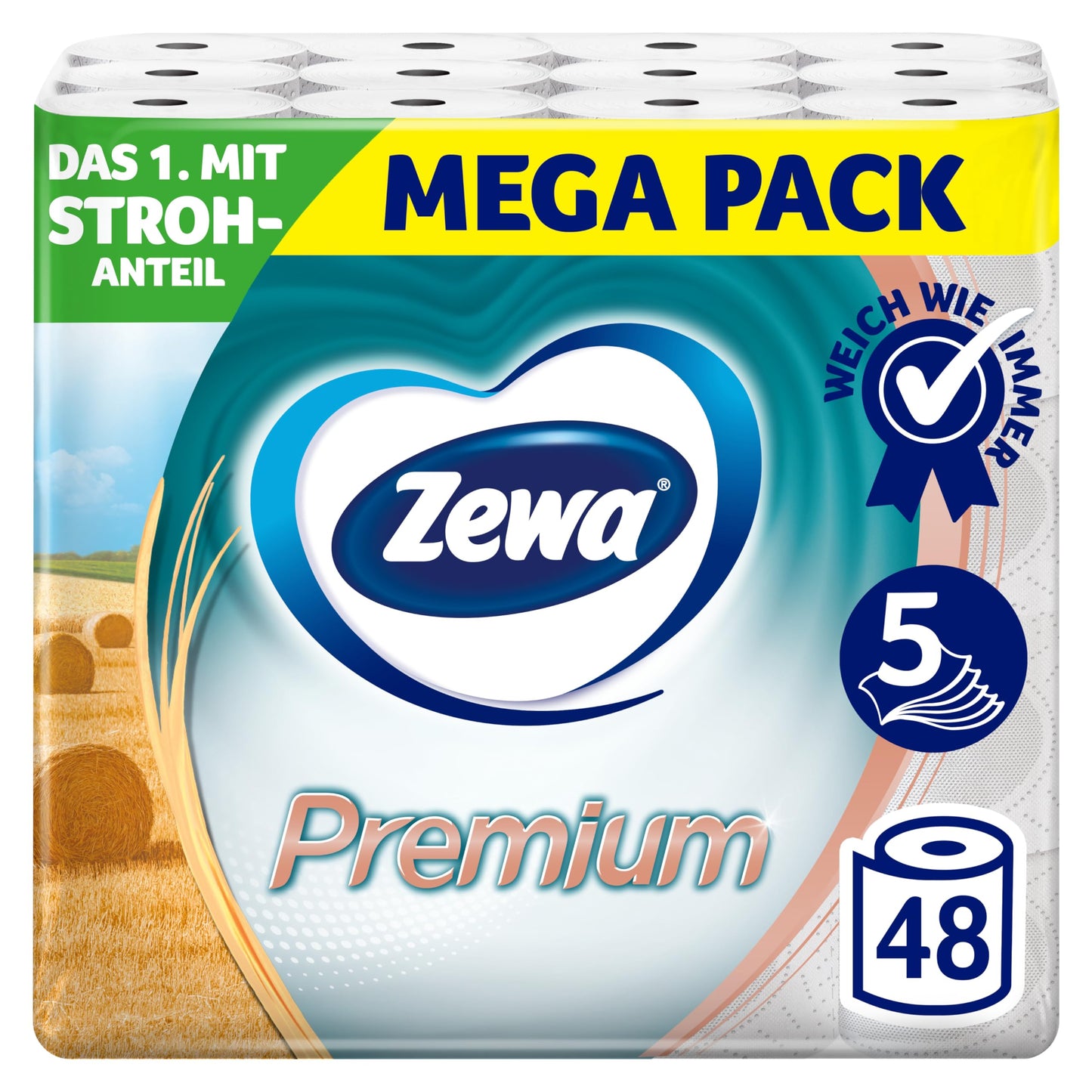 Premium tualetes papīrs Zewa, 5 kārtas, lielais iepakojums, 6 pakas, katrā 8 ruļļi x 110 loksnes