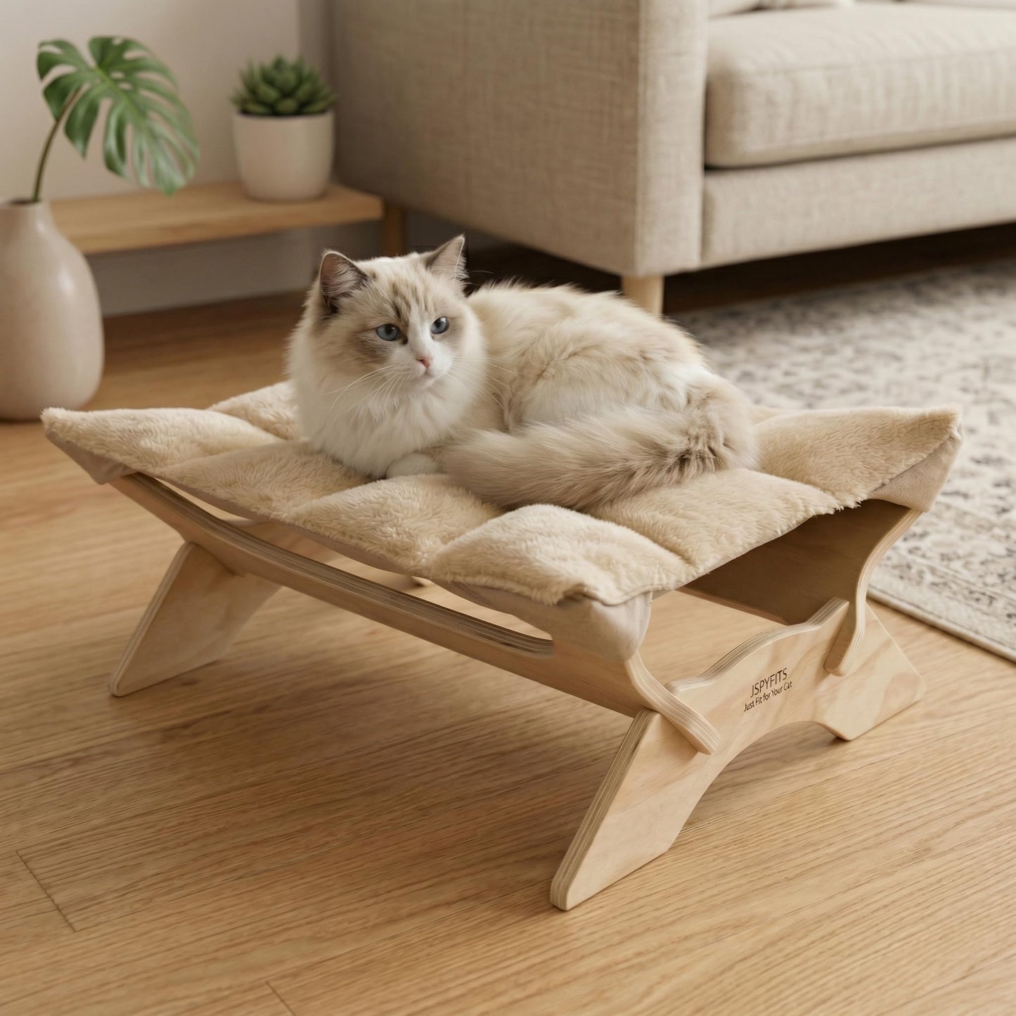 JSPYFITS kaķu gulta, plīša samta kaķu gulta iekštelpu kaķiem, koka kaķu šūpuļgulta, 54 x 42 x21 cm, piemērota kaķiem, suņiem, trušiem, kaķēniem un maziem dzīvniekiem, bēša