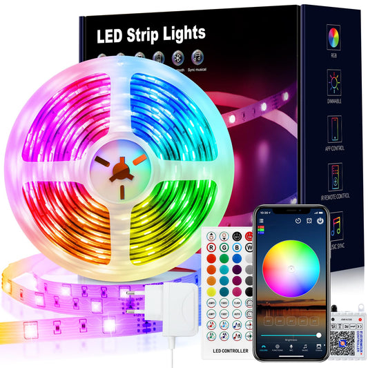 VKH LED lenta 10m, Bluetooth RGB LED lente 10m, pašlīmējoša ar tālvadības pulti un lietotni, LED apgaismojums istabai un ballītei