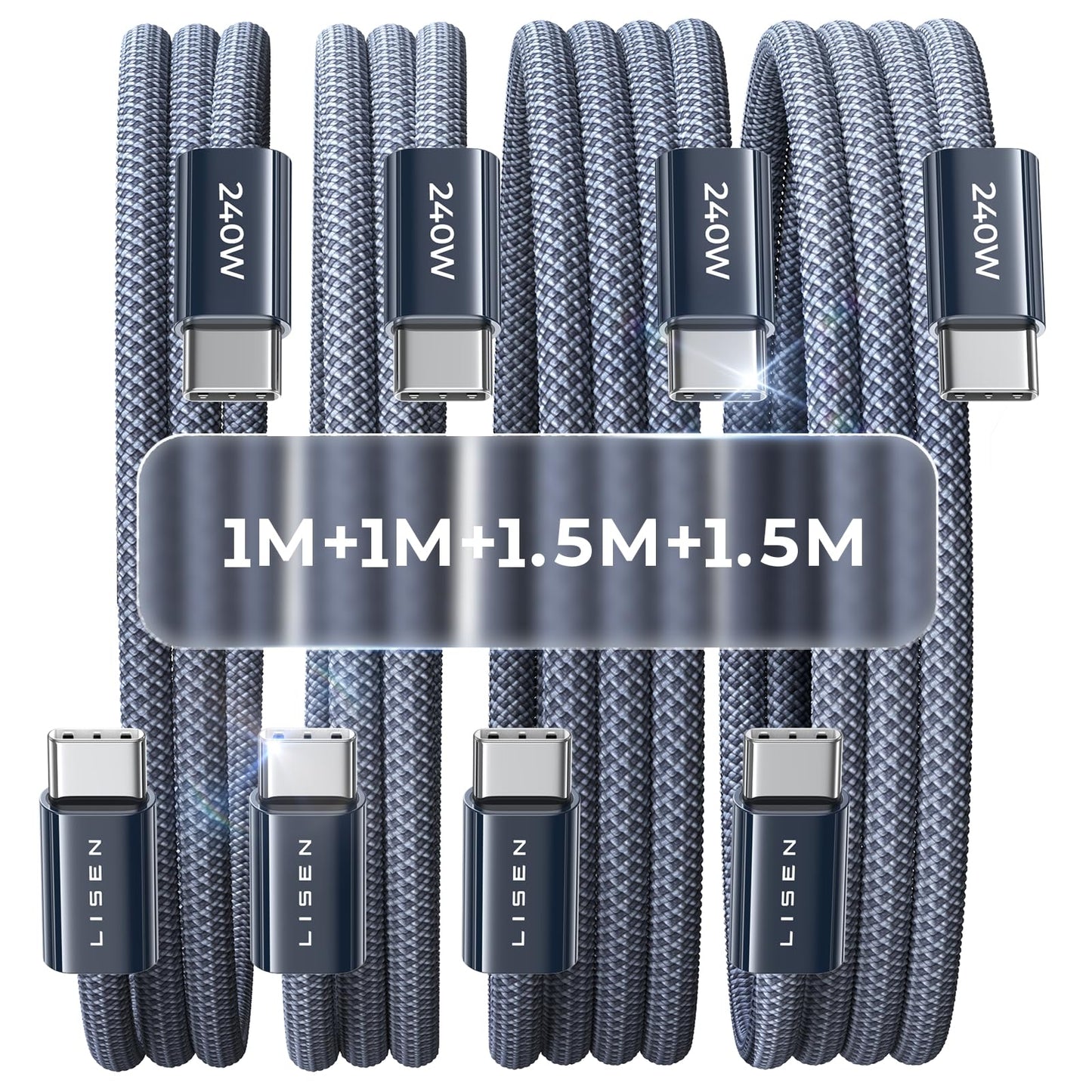 USB C uz USB C kabelis LISEN 240W, [4 gab./1M+1M+1.5M+1.5M] USB C uzlādes kabelis