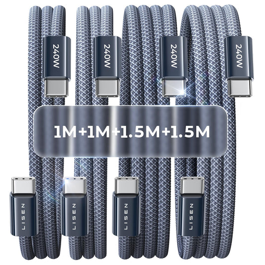 USB C uz USB C kabelis LISEN 240W, [4 gab./1M+1M+1.5M+1.5M] USB C uzlādes kabelis