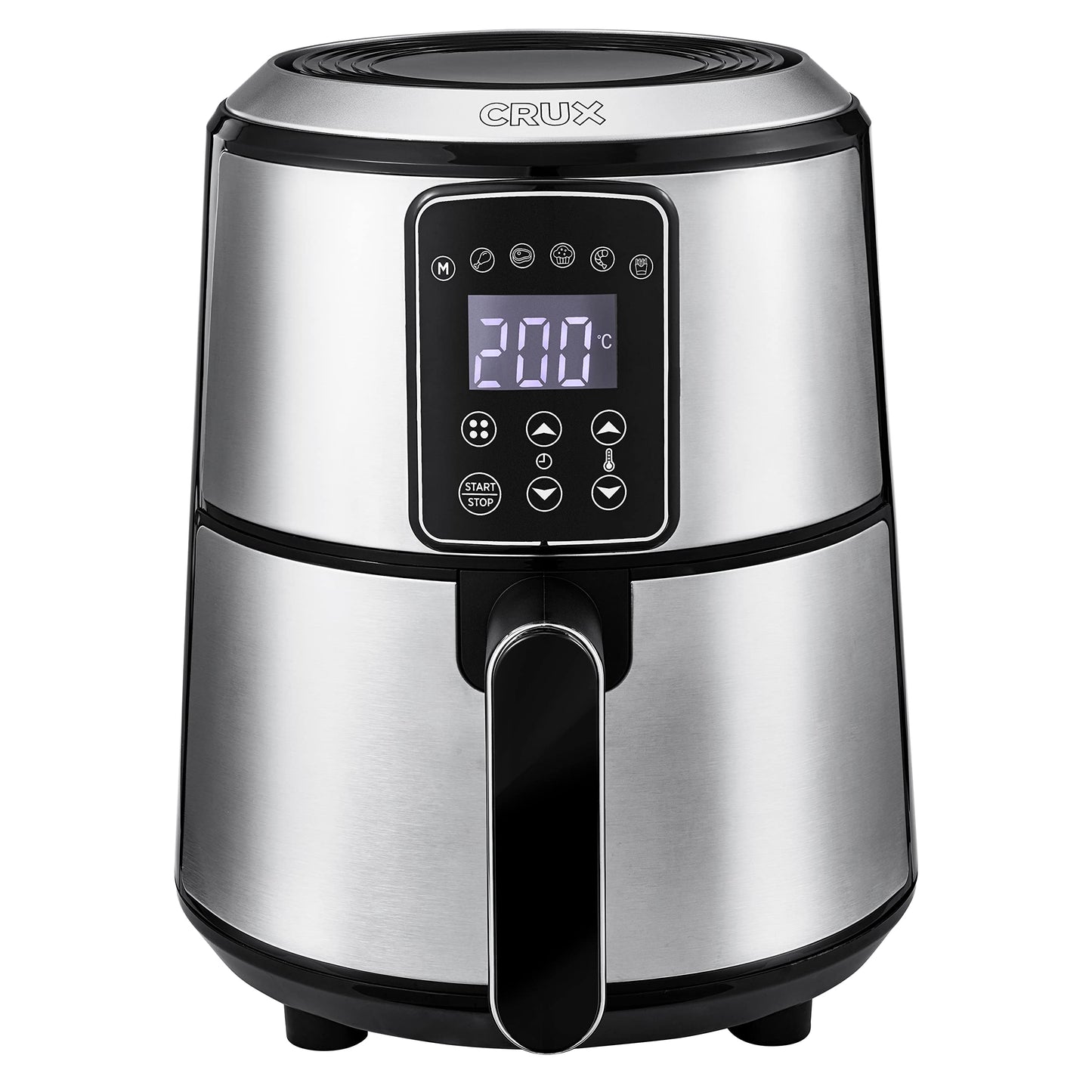 Crux 3L Digital Hot Air Fryer - Faster preheating, oil-free frying, dishwasher-safe non-stick basket, stainless steel.