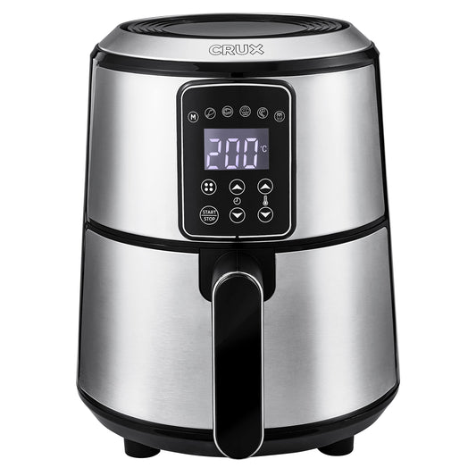 Crux 3L Digital Hot Air Fryer - Faster preheating, oil-free frying, dishwasher-safe non-stick basket, stainless steel.