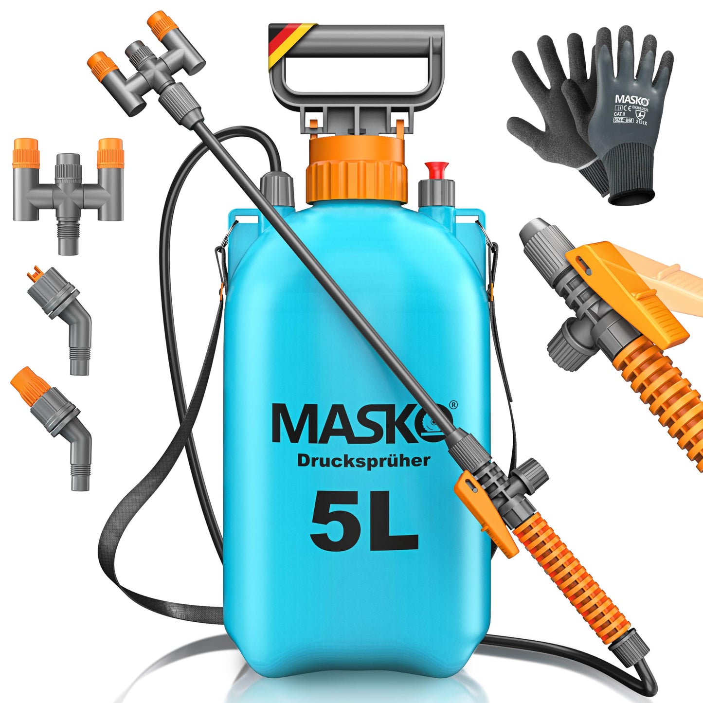 MASKO® spiediena smidzinātājs, skābju izturīgs spiediena smidzināšanas aparāts 5L tilpums ar regulējamām sprauslām un 1,3m šļūteni | smidzinātājs augu aizsardzībai, dārzam un auto kopšanai | pumpējams smidzinātājs ar plecu siksnu un cimdiem