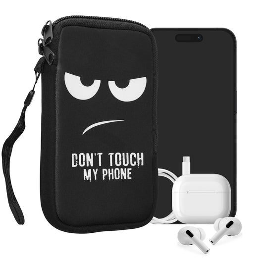 Telefona maciņš kwmobile L - 6,5" neoprēna somiņa, Don't Touch My Phone balta melna, 16,5 x 8,9 cm iekšējie izmēri