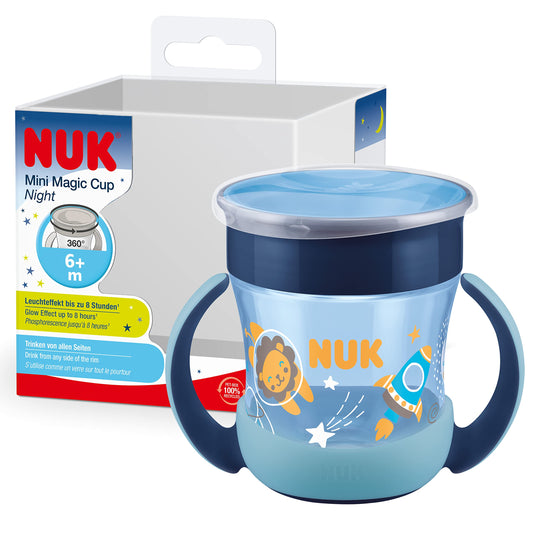NUK Mini Magic Cup Night mācību krūze | 6+ mēneši | 160 ml | 360° pretizlīšanas mala | spīd tumsā | ērti satverami rokturi | mazgājama | Blue