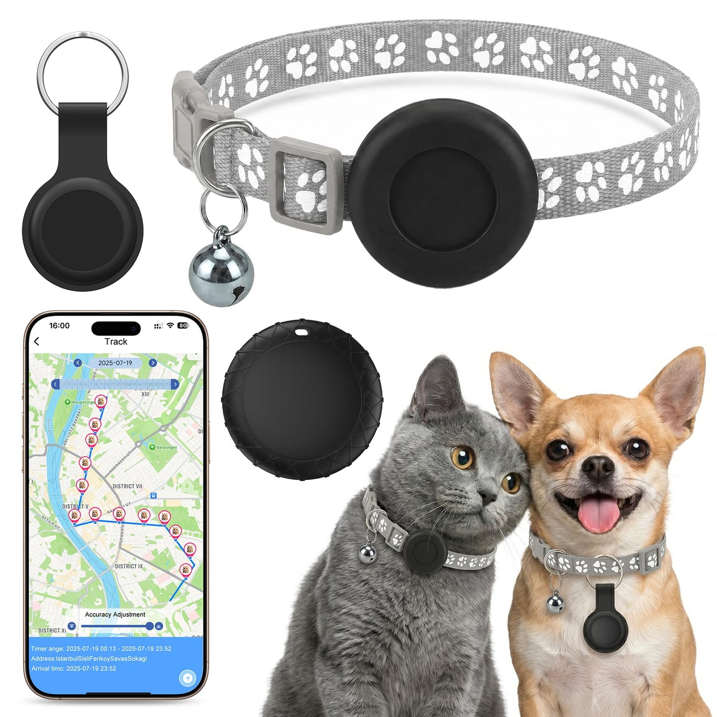Kaķu GPS izsekotājs, viedais izsekotājs bez abonēšanas kaķiem un suņiem, piemērots kaķiem, suņiem un citiem maziem mājdzīvniekiem, saderīgs ar iOS un Android, globāla atrašanās vietas izsekošana, IPX6 ūdensizturīgs - pelēks