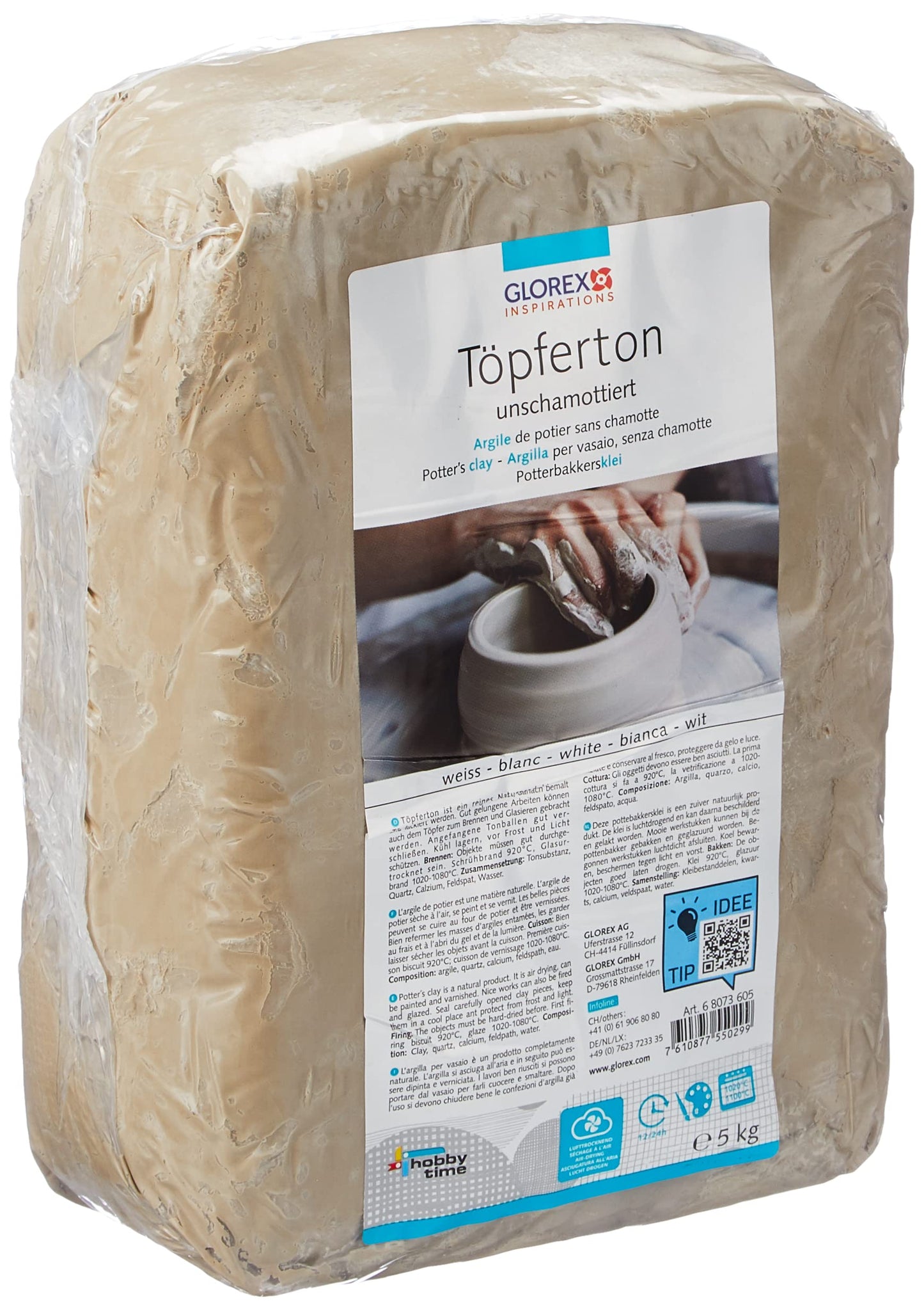 Töpferton Glorex 6 8073 605, nesamots, 5 kg, balts, plastisks un viegli apstrādājams, bez šamota piedevas, gaisu cietējošs un apdedzināms, piemērots virpotnei