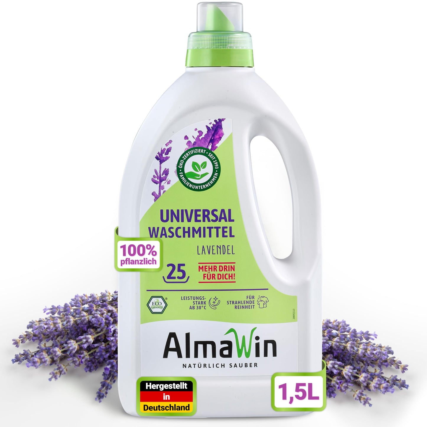 AlmaWin universālais šķidrais mazgāšanas līdzeklis, 1,5L - 25 mazgāšanas reizes, ar lavandas aromātu, šķidrs mazgāšanas līdzeklis baltai un krāsainai veļai, eko un vegāns