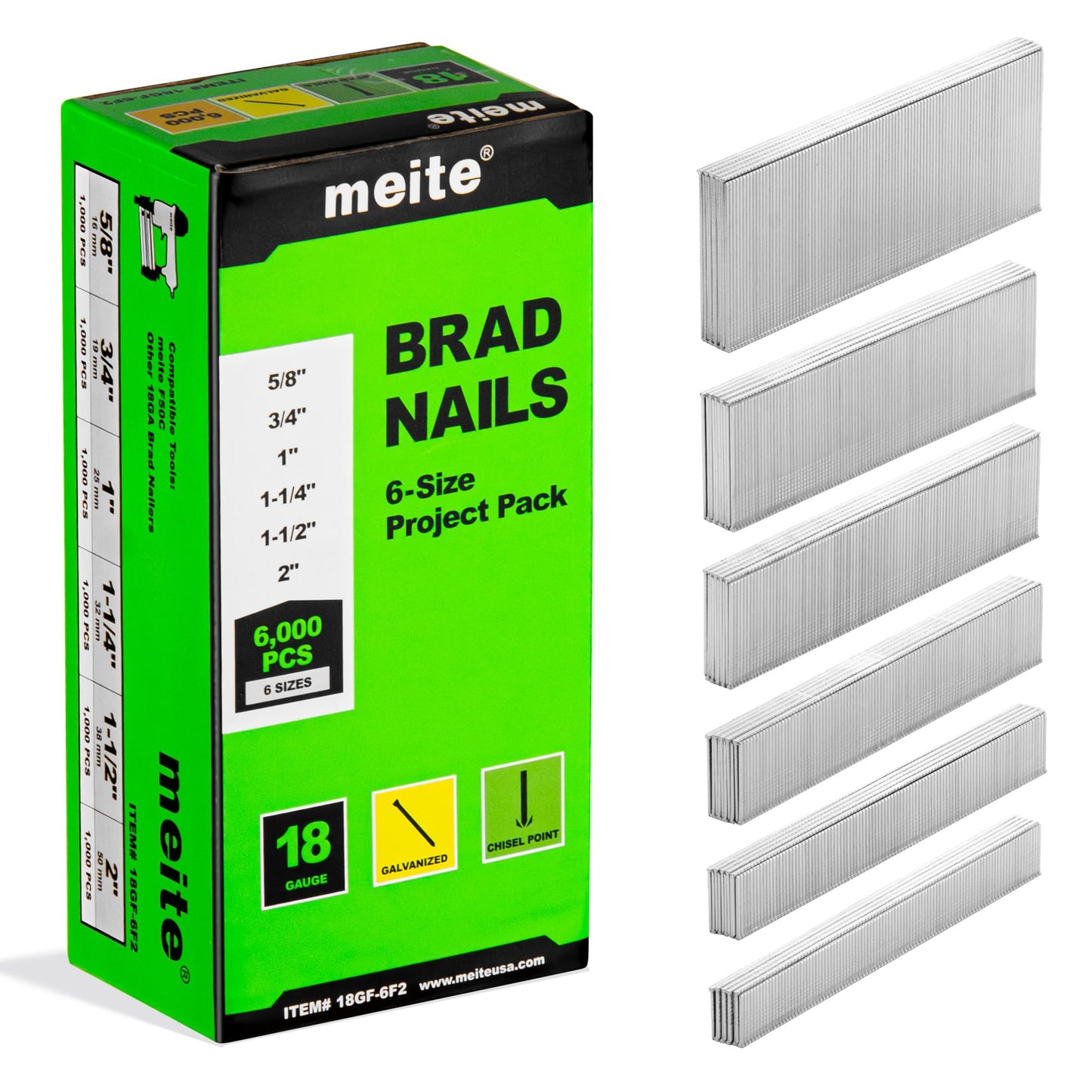 Naglas meite 18GA, 6.000 gab. sortiments 6 izmēros (16mm, 19mm, 25mm, 32mm, 38mm, 50mm), cinkotas 18GA naglas pneimatiskajam naglotājam – apdares un projektu komplekts