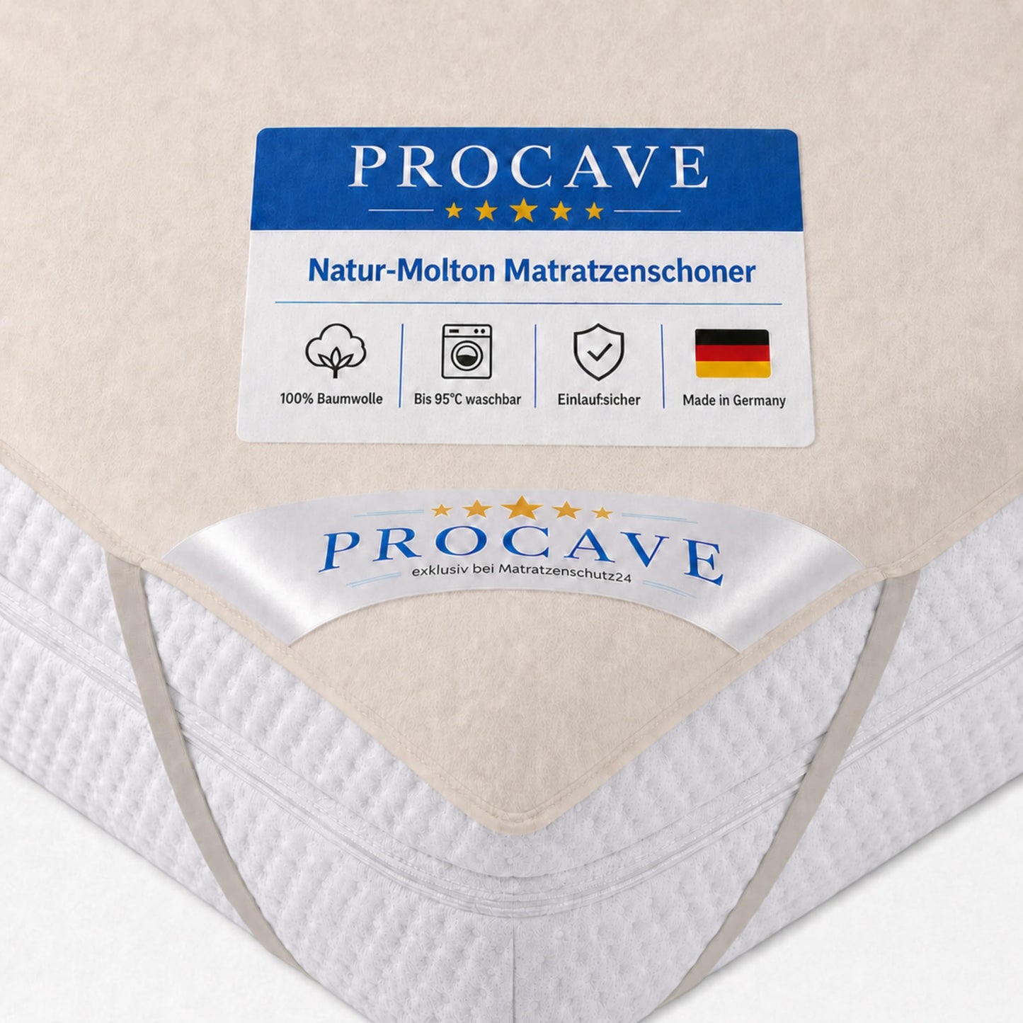 Matracis virskārta PROCAVE no 100% kokvilnas, dabīgs elpojošs matrača aizsargs, augstas kvalitātes Molton virskārta matrača aizsardzībai, Premium kvalitāte, ražots Vācijā, 120x200 cm